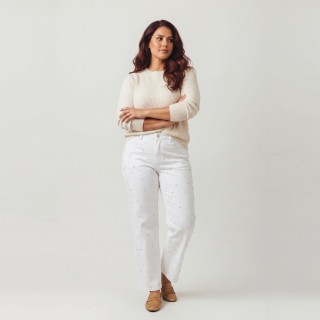Jeans Wide Leg Mujer Blanco Pedrería Plateada