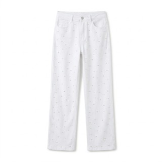 Jeans Wide Leg Mujer Blanco Pedrería Plateada