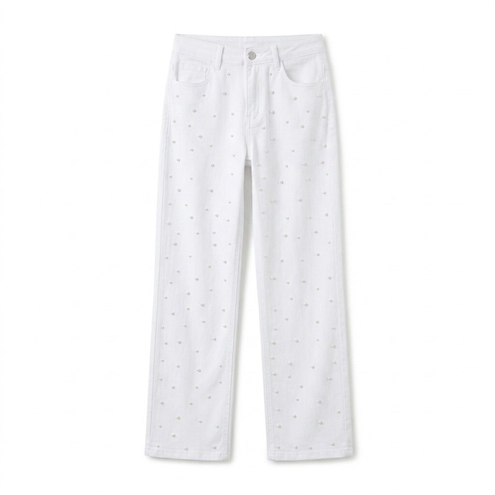 Jeans Wide Leg Mujer Blanco Pedrería Plateada