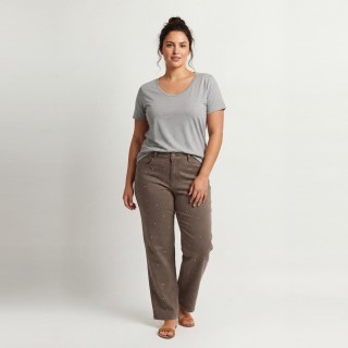 Jeans Wide Leg Mujer Marrón Pedrería Dorada
