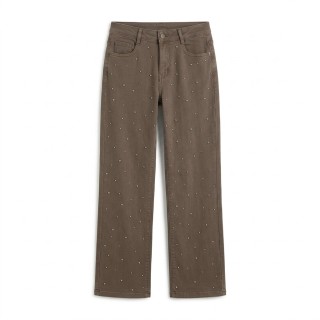 Jeans Wide Leg Mujer Marrón Pedrería Dorada