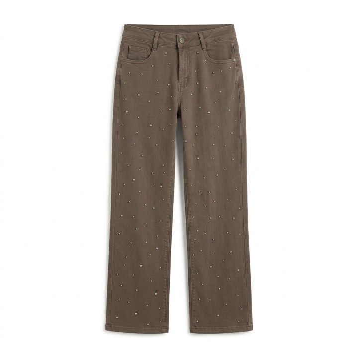 Jeans Wide Leg Mujer Marrón Pedrería Dorada
