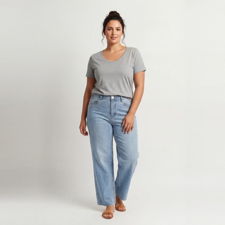 Jeans Wide Leg Mujer Azul Claro con Strass