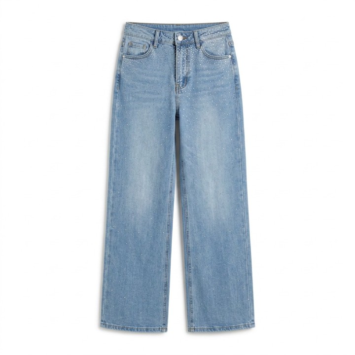 Jeans Wide Leg Mujer Azul Claro con Strass