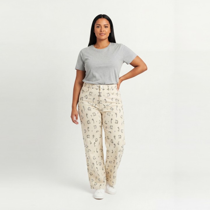 Pantalón Wide Leg Mujer Estampado Floral Crema