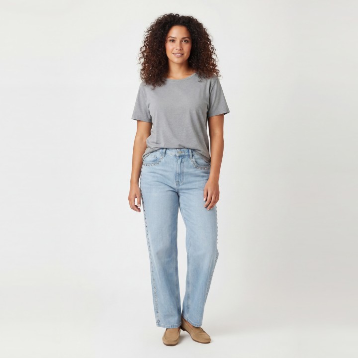 Jeans Wide Leg Mujer Azul Lavado Tachuelas Lateral