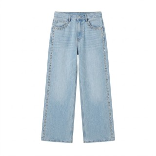 Jeans Wide Leg Mujer Azul Lavado Tachuelas Lateral