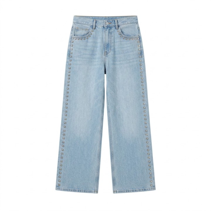 Jeans Wide Leg Mujer Azul Lavado Tachuelas Lateral