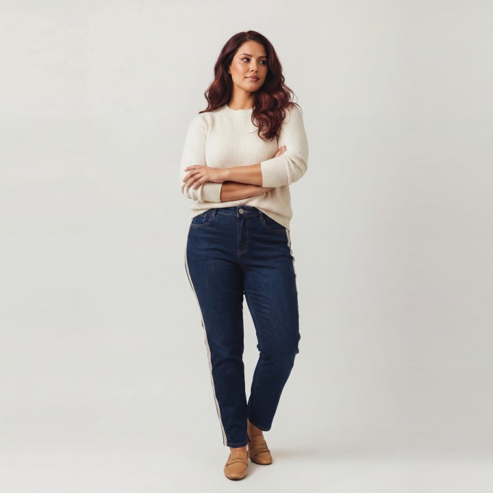 Jeans Rectos Mujer Azul Oscuro Franja Lateral Trenzada