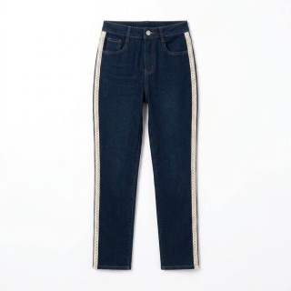 Jeans Rectos Mujer Azul Oscuro Franja Lateral Trenzada