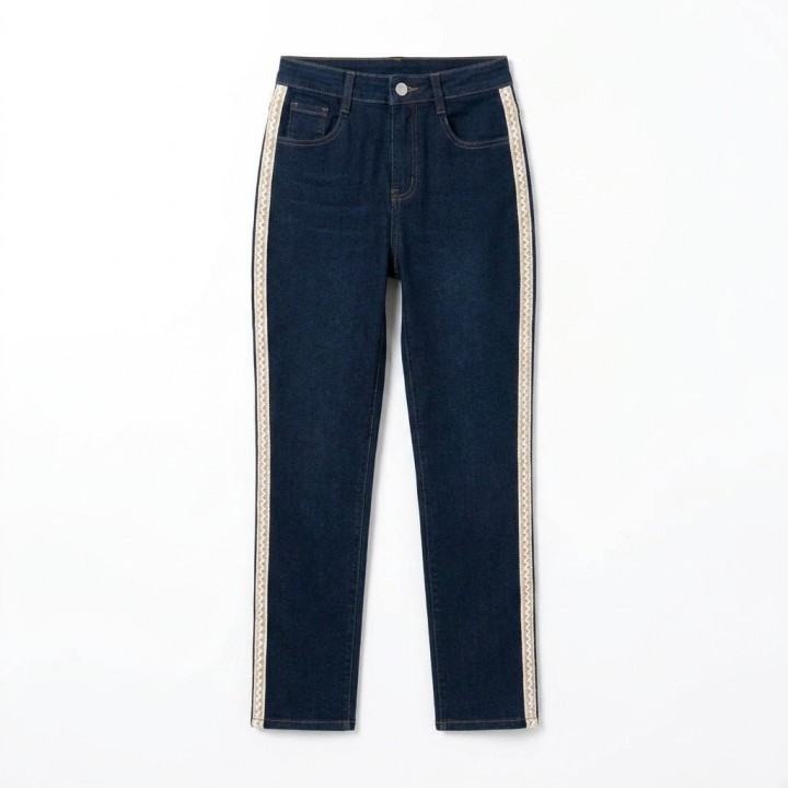 Jeans Rectos Mujer Azul Oscuro Franja Lateral Trenzada