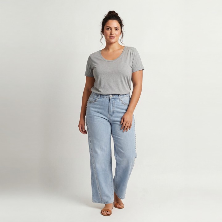 Jeans Wide Leg Mujer Azul Claro Tachuelas Cintura