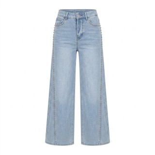 Jeans Wide Leg Mujer Azul Claro Tachuelas Cintura