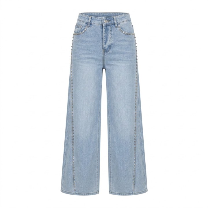 Jeans Wide Leg Mujer Azul Claro Tachuelas Cintura