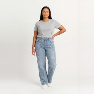Jeans Wide Leg Mujer Azul Claro Strass Hotfix