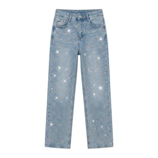 Jeans Wide Leg Mujer Azul Claro Strass Hotfix