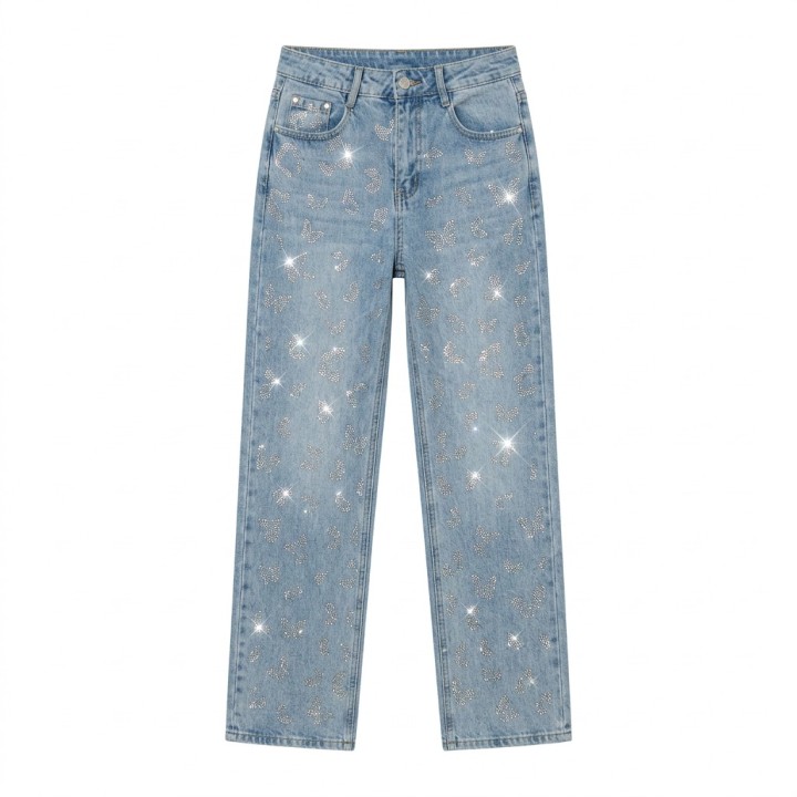 Jeans Wide Leg Mujer Azul Claro Strass Hotfix