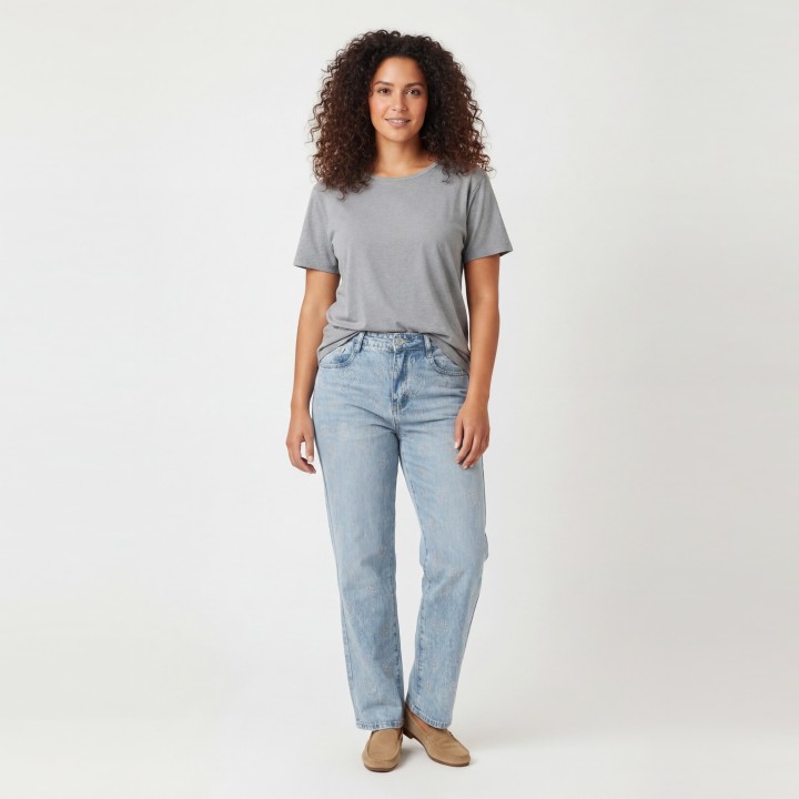 Jeans Rectos Mujer Azul Lavado Strass