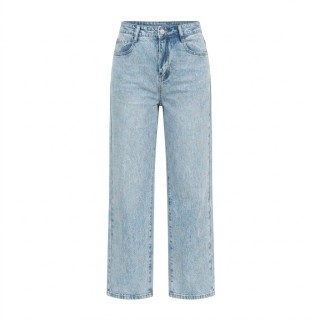 Jeans Rectos Mujer Azul Lavado Strass