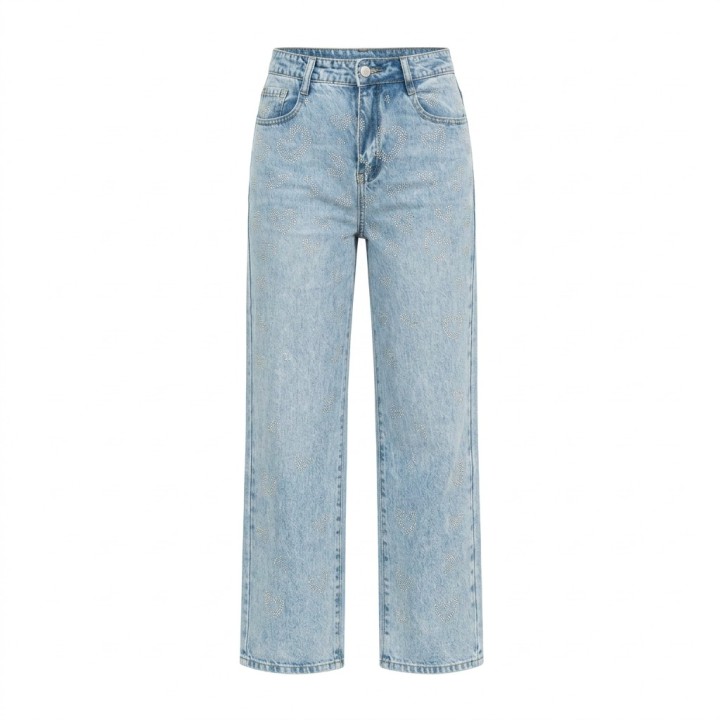 Jeans Rectos Mujer Azul Lavado Strass