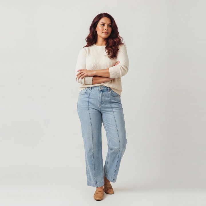 Jeans Wide Leg Mujer Azul Claro Costuras en Relieve