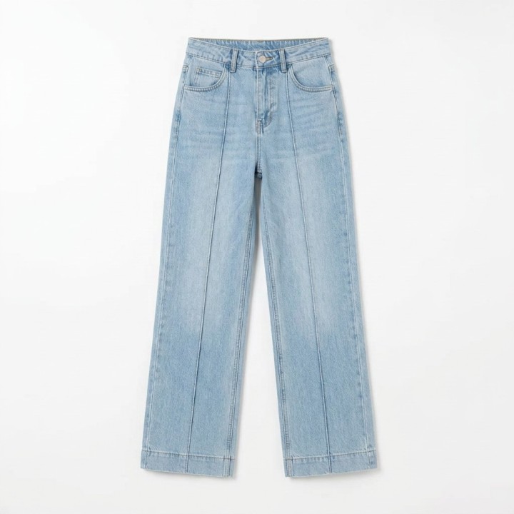 Jeans Wide Leg Mujer Azul Claro Costuras en Relieve