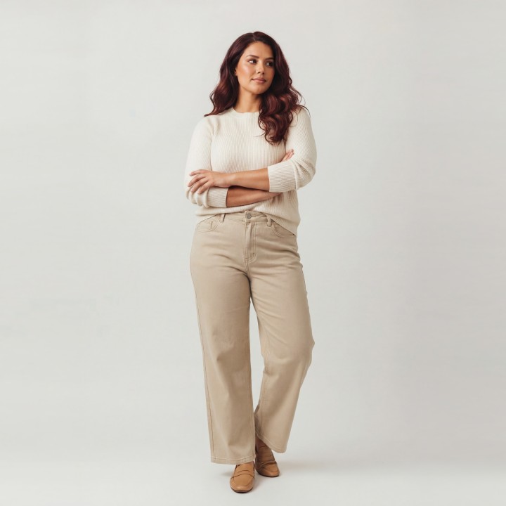 Pantalón Palazzo Mujer Beige con Cinturón Trenzado