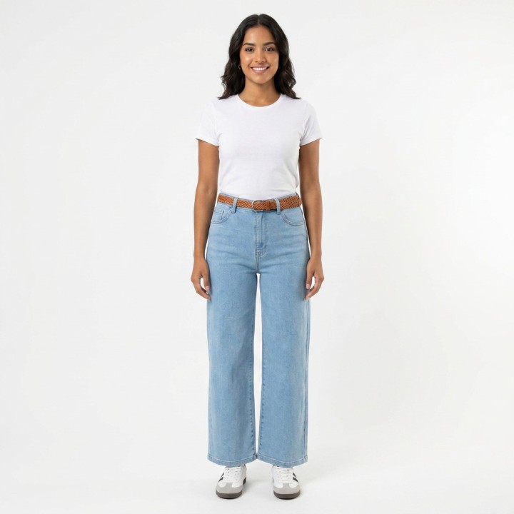 Pantalón Palazzo Mujer Azul Básico con Cinturón