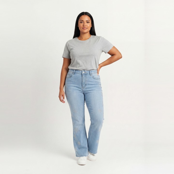 Jeans Flare Mujer Azul Claro Estrella Strass