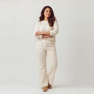 Pantalón Palazzo Mujer Crema Botón Dorado Bolsillo