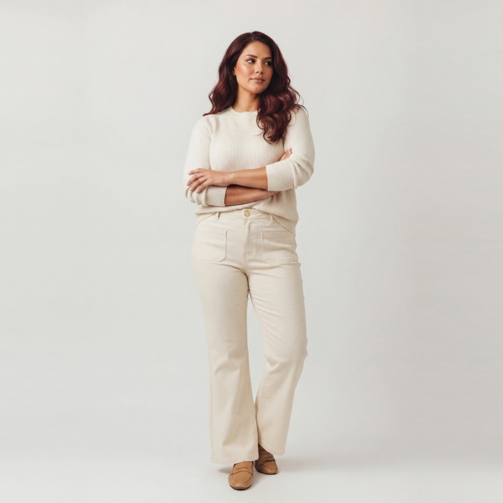 Pantalón Palazzo Mujer Crema Botón Dorado Bolsillo