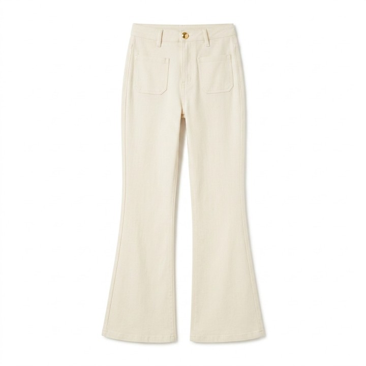 Pantalón Palazzo Mujer Crema Botón Dorado Bolsillo