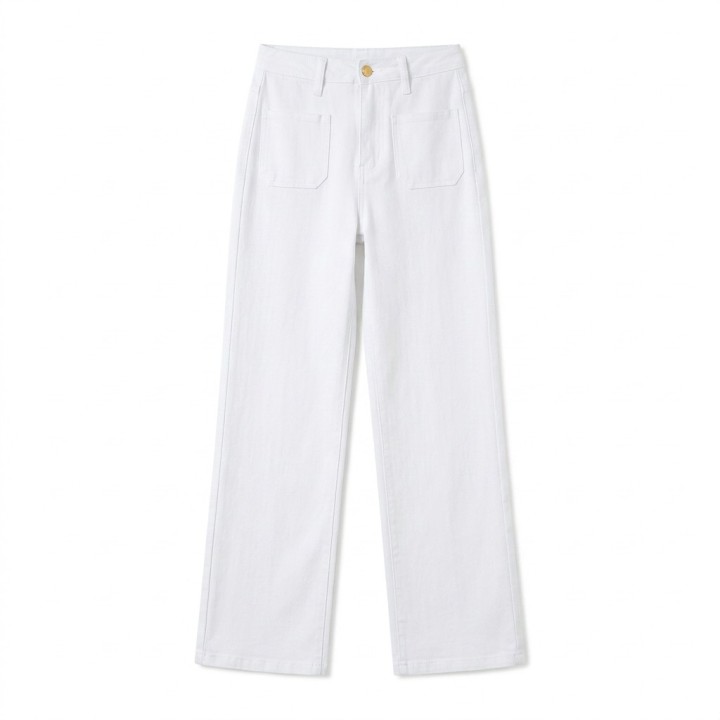 Pantalón Palazzo Mujer Blanco Botón Dorado Bolsillo