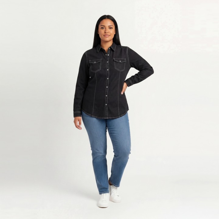 Camisa Vaquera Mujer Negra Costuras Contraste