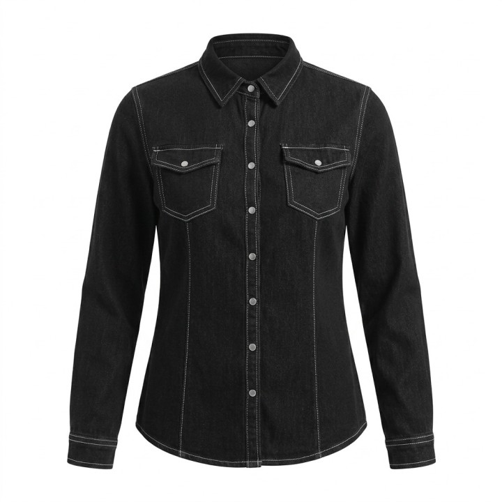 Camisa Vaquera Mujer Negra Costuras Contraste