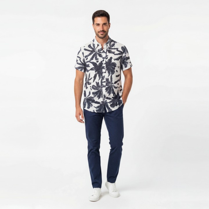 Camisa Hombre Manga Corta Estampado Tropical Lino