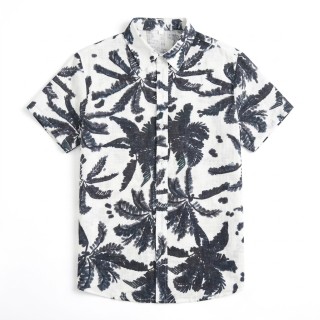 Camisa Hombre Manga Corta Estampado Tropical Lino