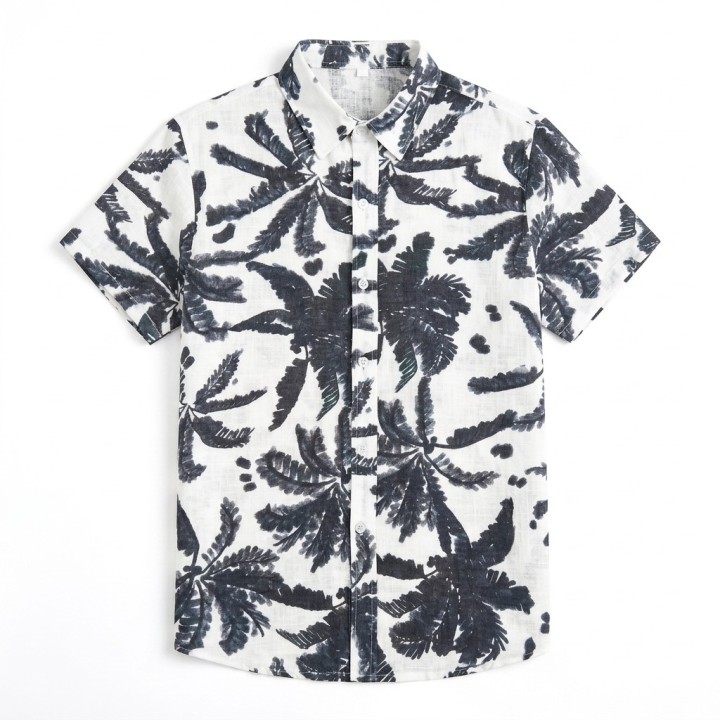 Camisa Hombre Manga Corta Estampado Tropical Lino
