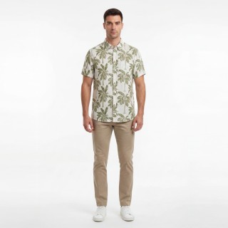 Camisa Hombre Manga Corta Estampado Palmeras Lino