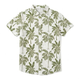Camisa Hombre Manga Corta Estampado Palmeras Lino