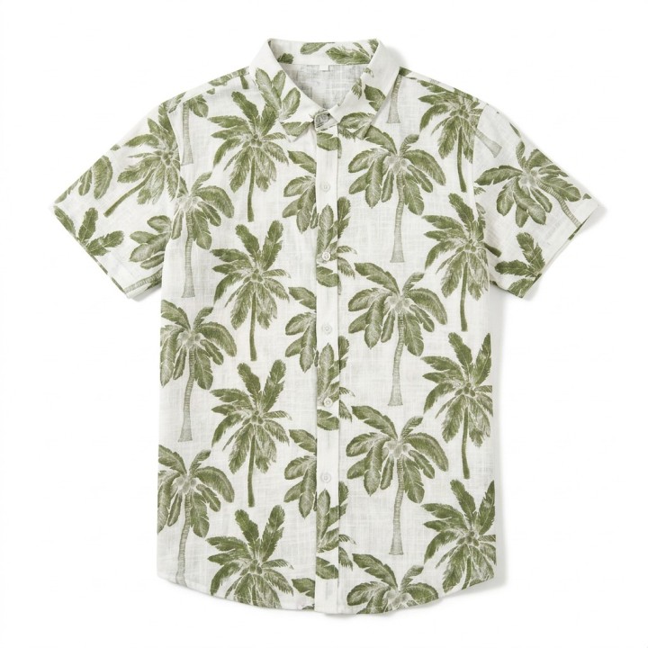 Camisa Hombre Manga Corta Estampado Palmeras Lino