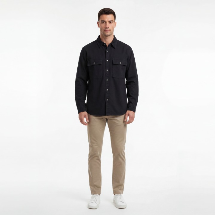 Camisa Overshirt Hombre Negro Bolsillos Cargo