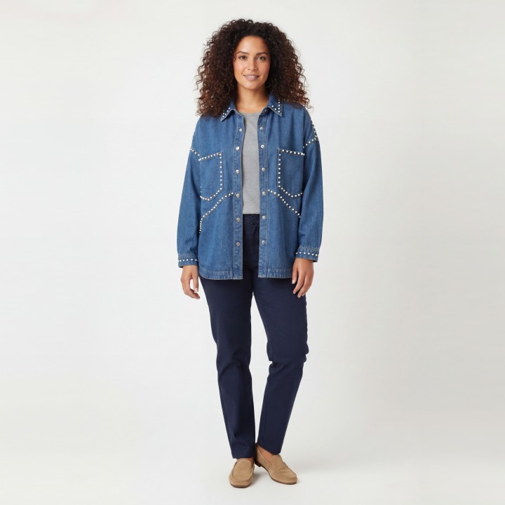 Chaqueta Vaquera Mujer Oversize con Perlas Azul Denim