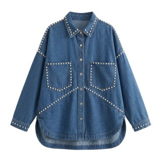 Chaqueta Vaquera Mujer Oversize con Perlas Azul Denim