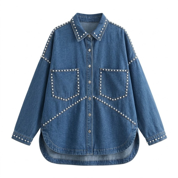 Chaqueta Vaquera Mujer Oversize con Perlas Azul Denim