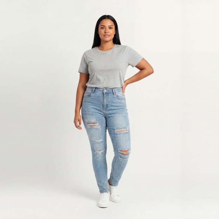 Jeans Skinny Rotos Mujer Cintura Alta Azul Claro