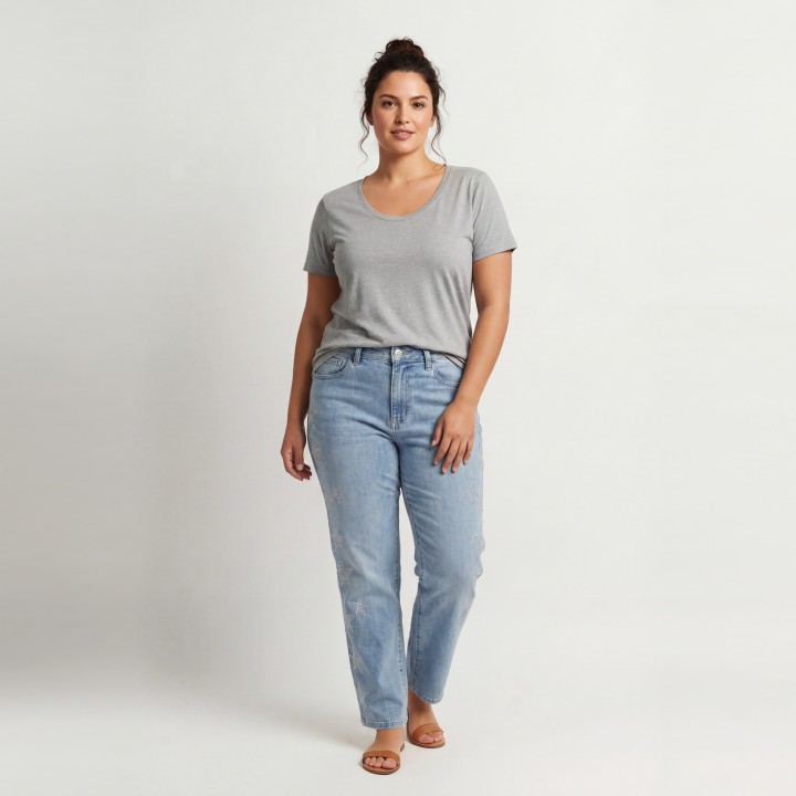 Jeans Rectos Mujer Estrellas Strass Azul Claro