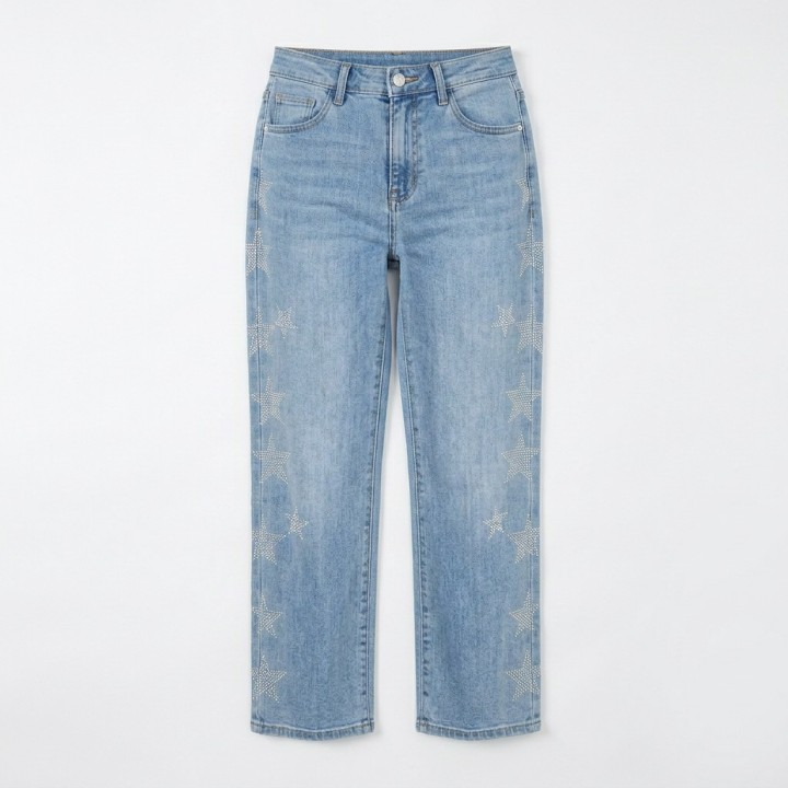 Jeans Rectos Mujer Estrellas Strass Azul Claro