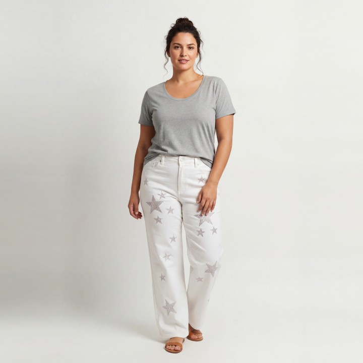 Jeans Wide Leg Mujer Estrellas Glitter Blanco