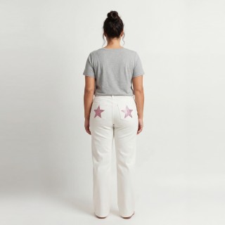 Jeans Wide Leg Mujer Estrellas Glitter Blanco